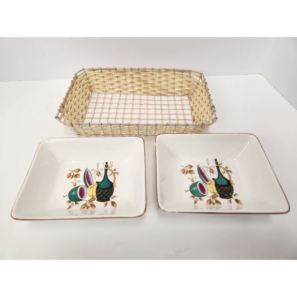 Vintage Lipper & Mann Japan Dual Serving Dishes w/ Wicker Caddy Retro Fruit - Picture 4 of 7